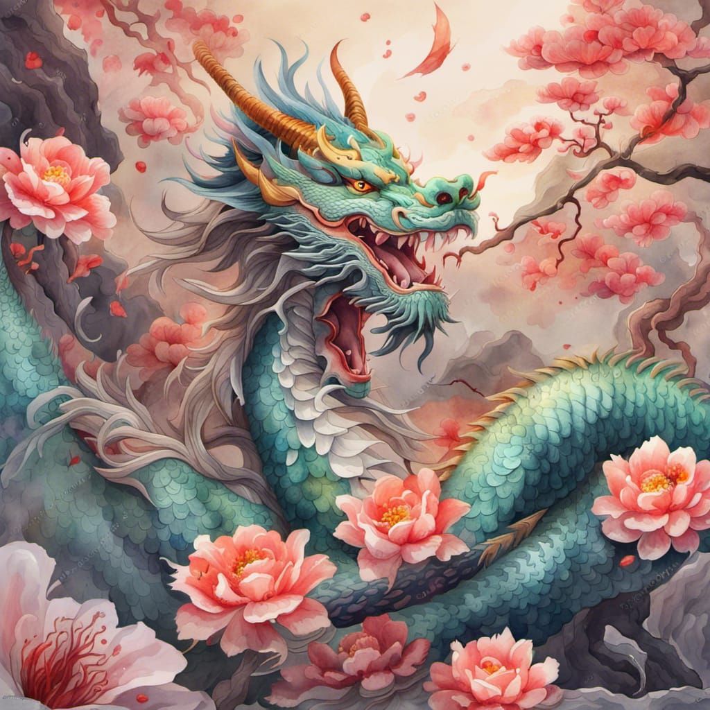 Dragon and flowers  by @Rosemary