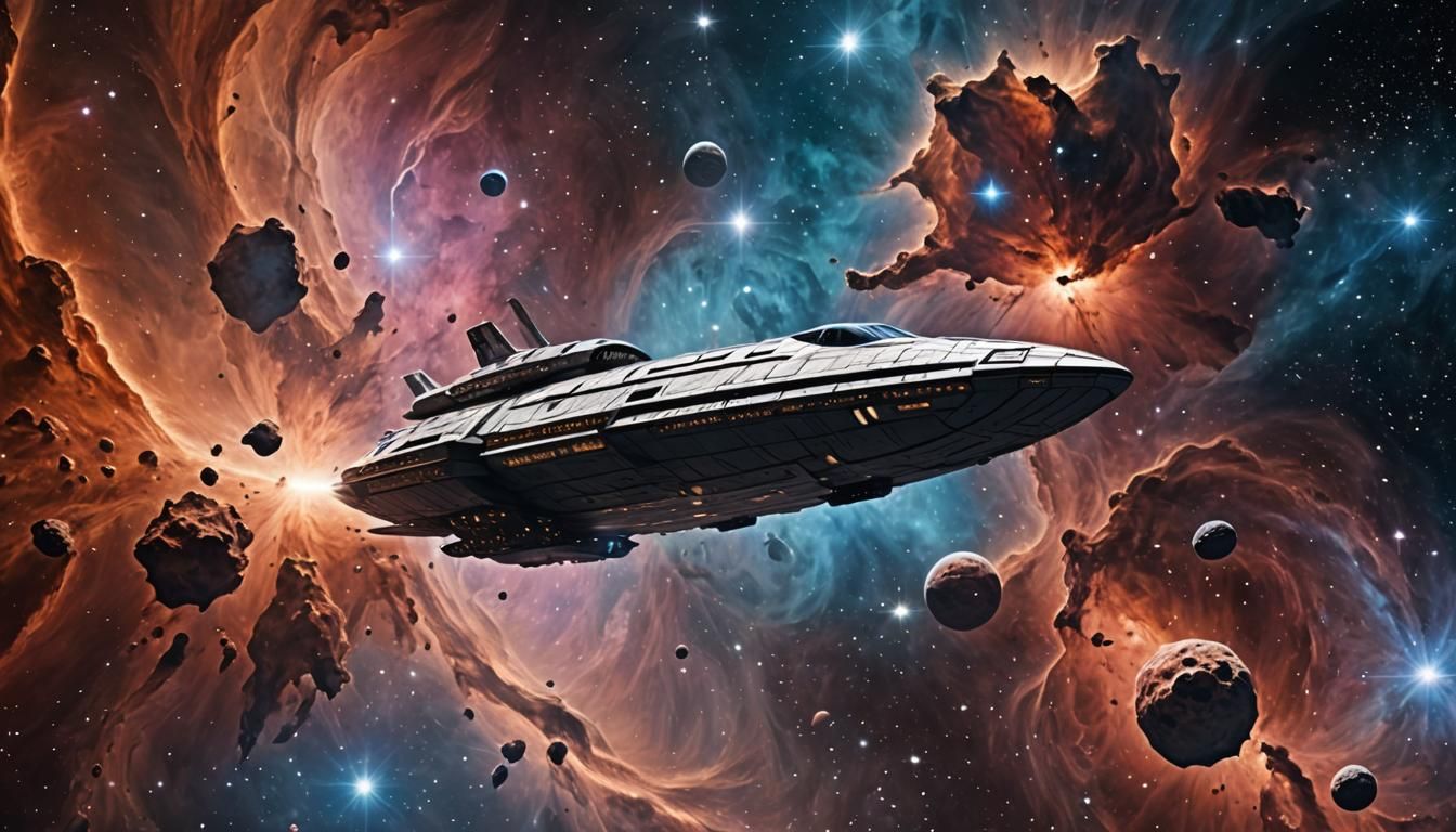 Capital Vessel Spaceship passing through a giant nebula
