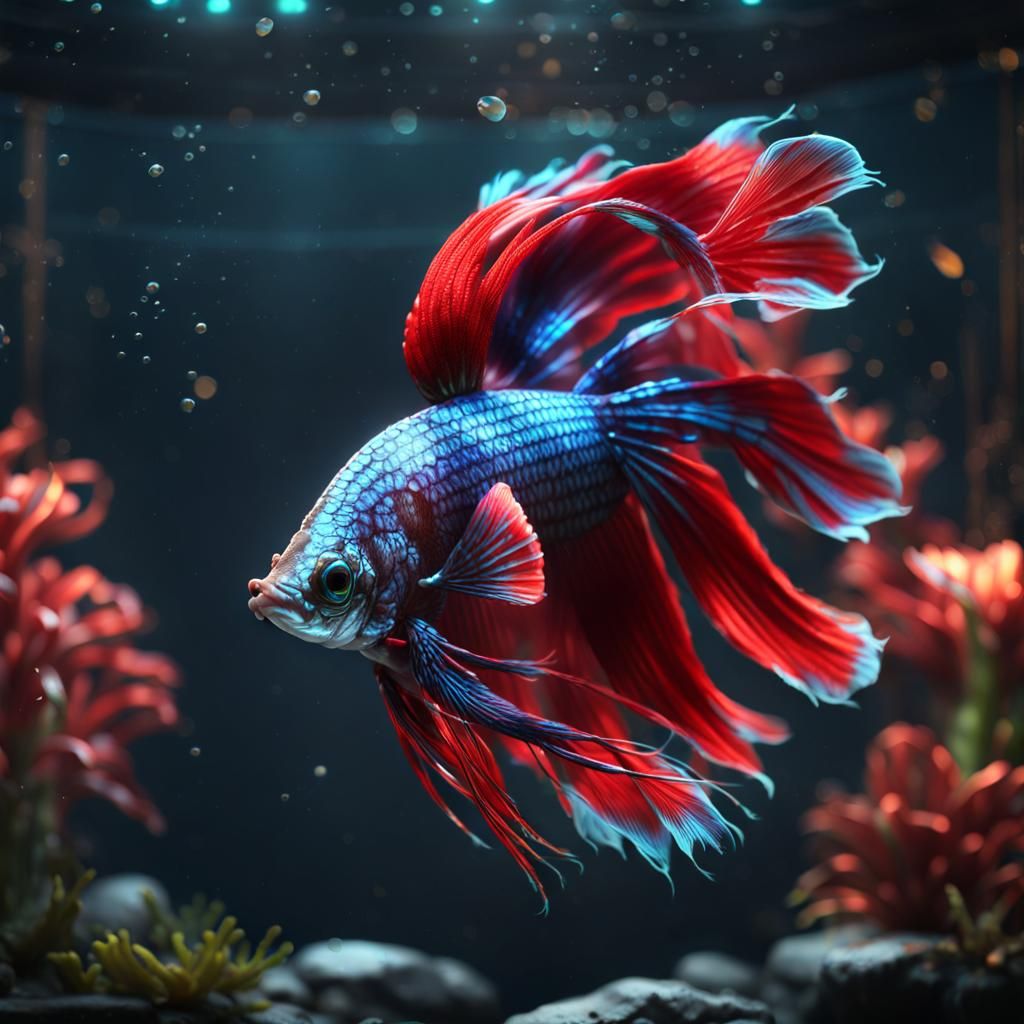 Cyborg Siamese fighting fish in a tank. Fish has a robot eye...