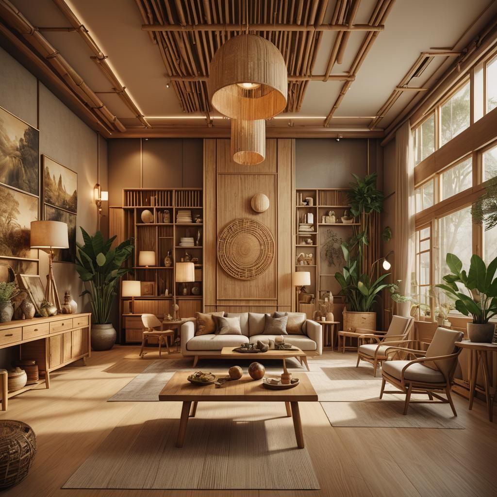 Moodboard, wooden, bamboo interior space, wooden beige color scheme, moodboard with furniture, showroom space, co design space, moodboard