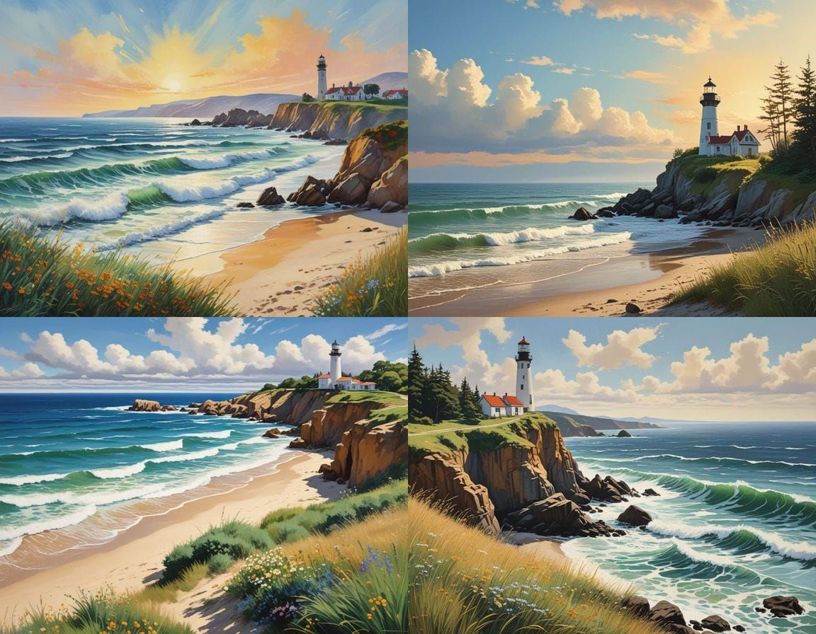 A long sandy sun-drenched beach with tall grasses growing in the foreground. The midday sky features golden and blue ton...