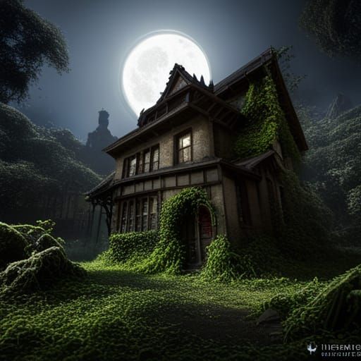 Haunted building covered in ivy in the moonlight at night wi...