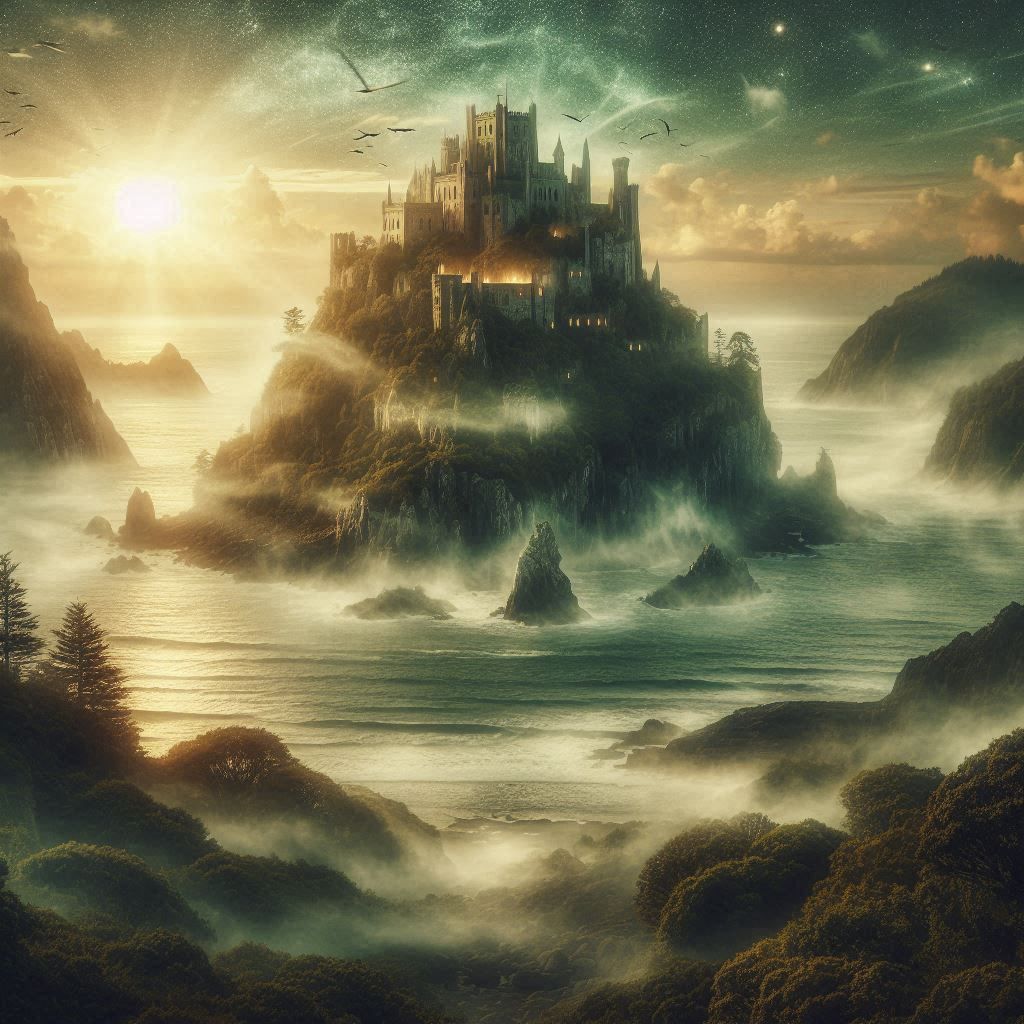 Avalon as a mystical island with floating mist by DALL-E 3