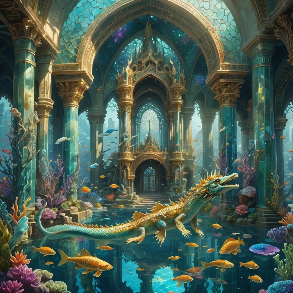 a underwater palace with a  water dragon coming out the front entrance