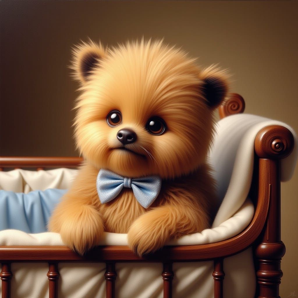 <lora:Kyootness:1.0> Closeup Oil painting of adorable baby chewbacca, blue bow, crib