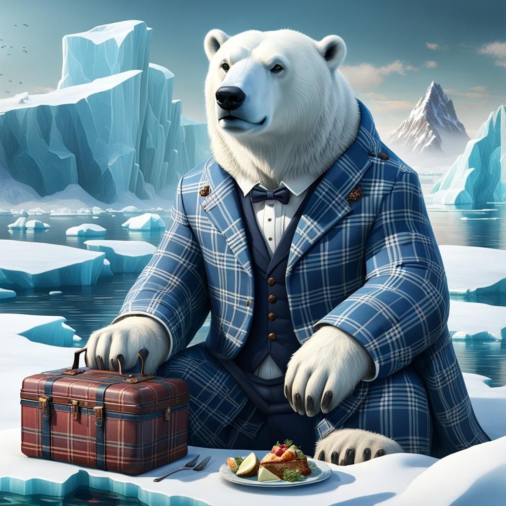 Stylish Polar Bear in plaid at a picnic  by @Leon_Warczak