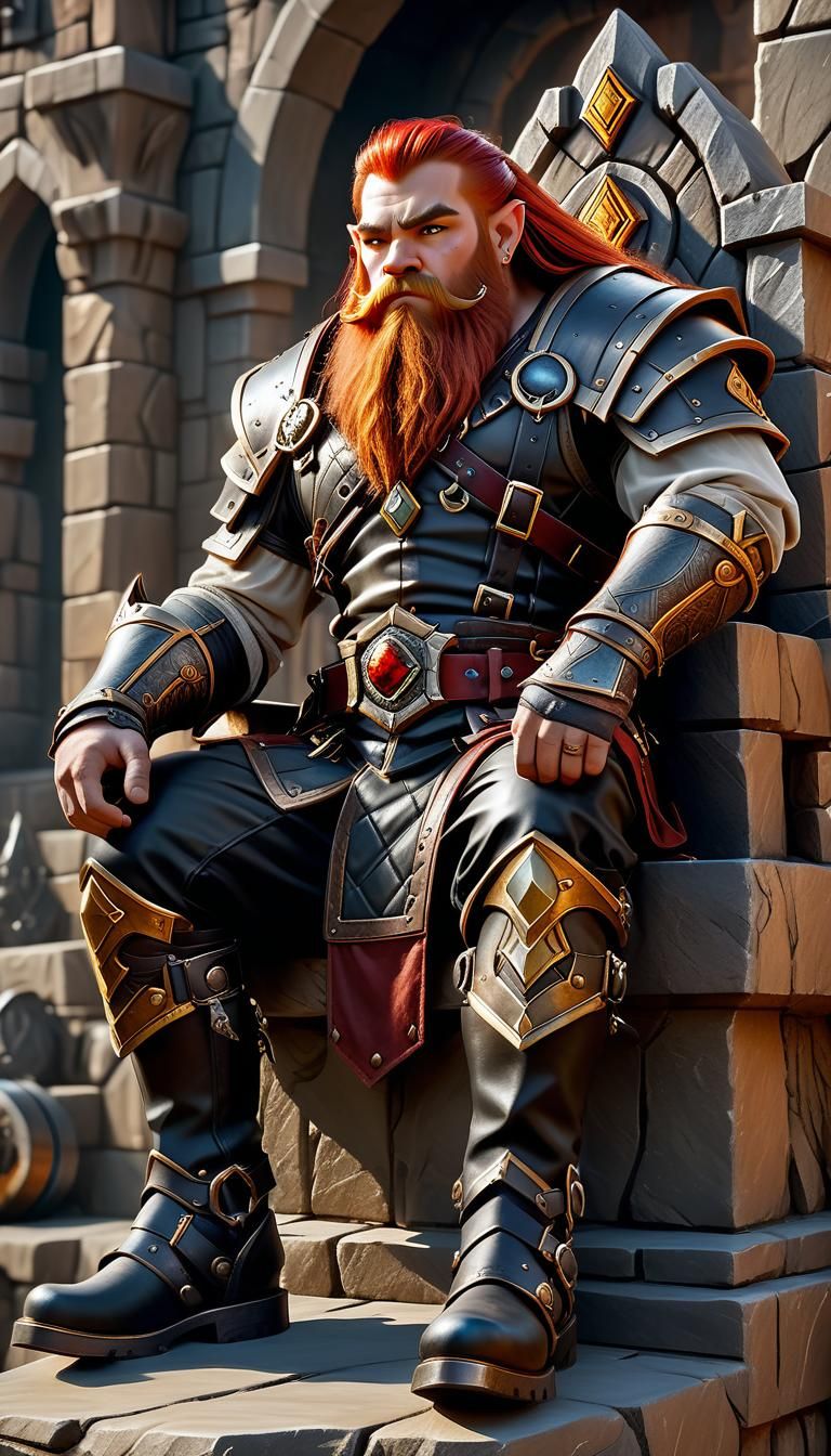 a young dwarf sitting on a stone throne, long red-colored hair and beard, wearing black and gold metal harness, wearing leather belt with go...
