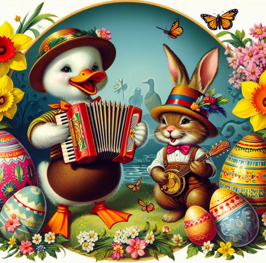 Happy duck and rabbits playing