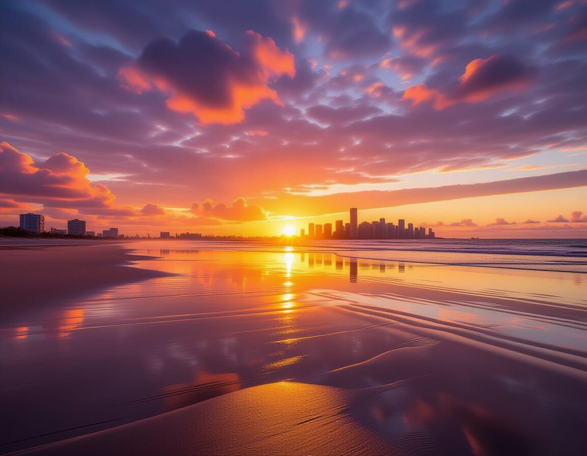 Sunset over beach with a cityscape in the background. Professional magazine photography