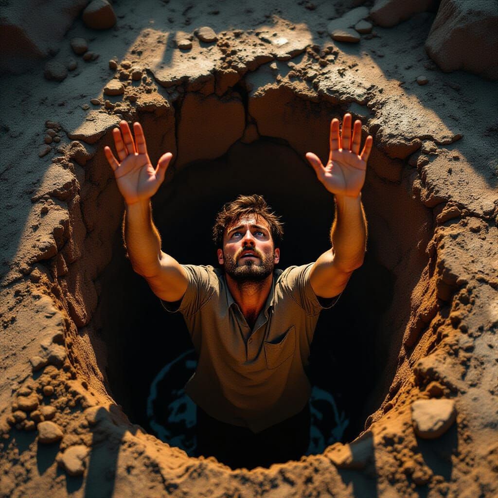 Man in Pit with Hands Raised, Emotional and Dramatic