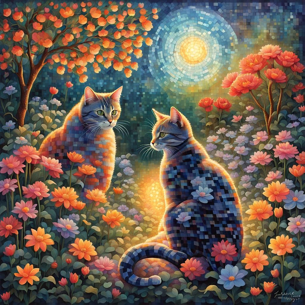 Feline Fusion: Cats Merge in Ethereal Garden
