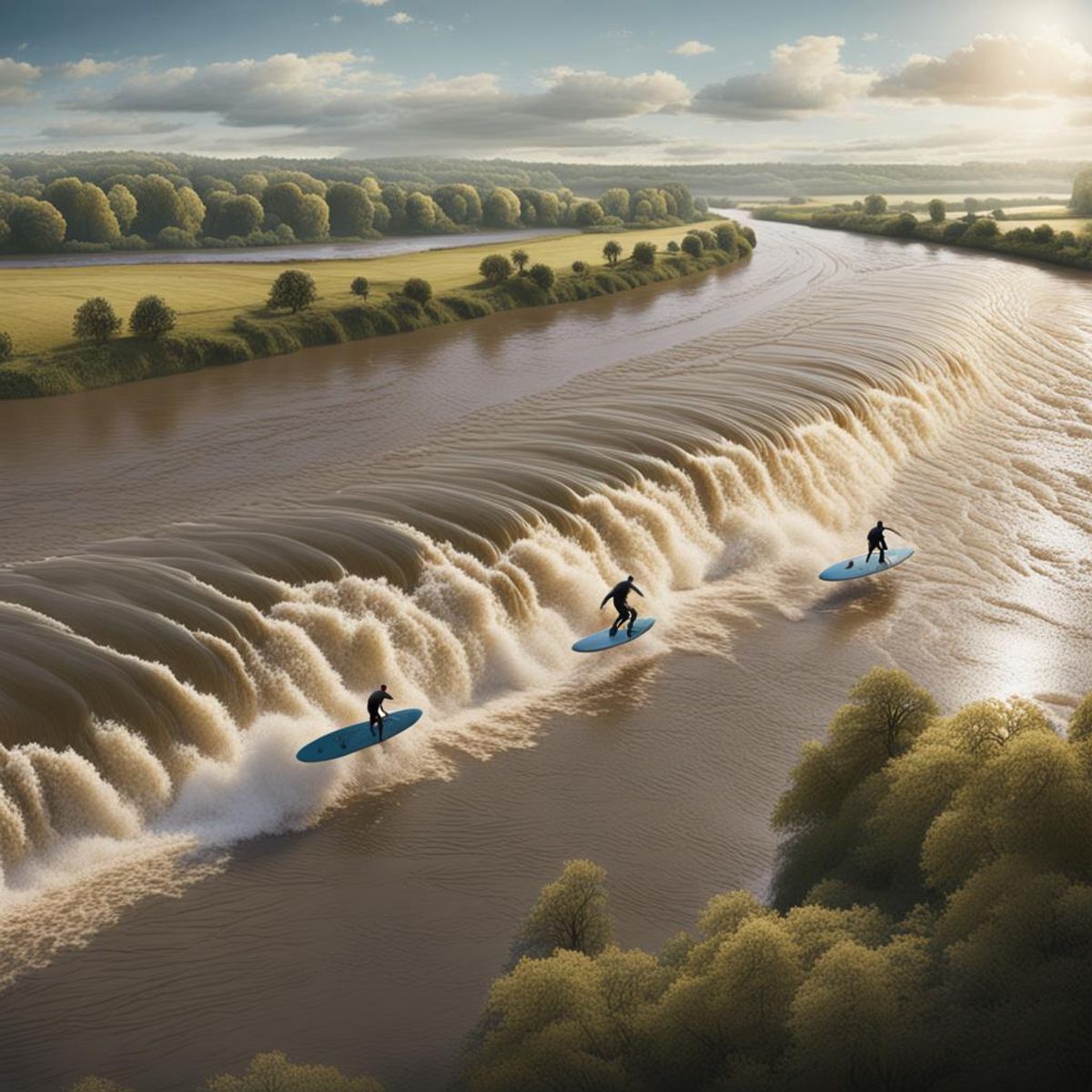 Surfers riding the Severn bore - AI Generated Artwork - NightCafe Creator