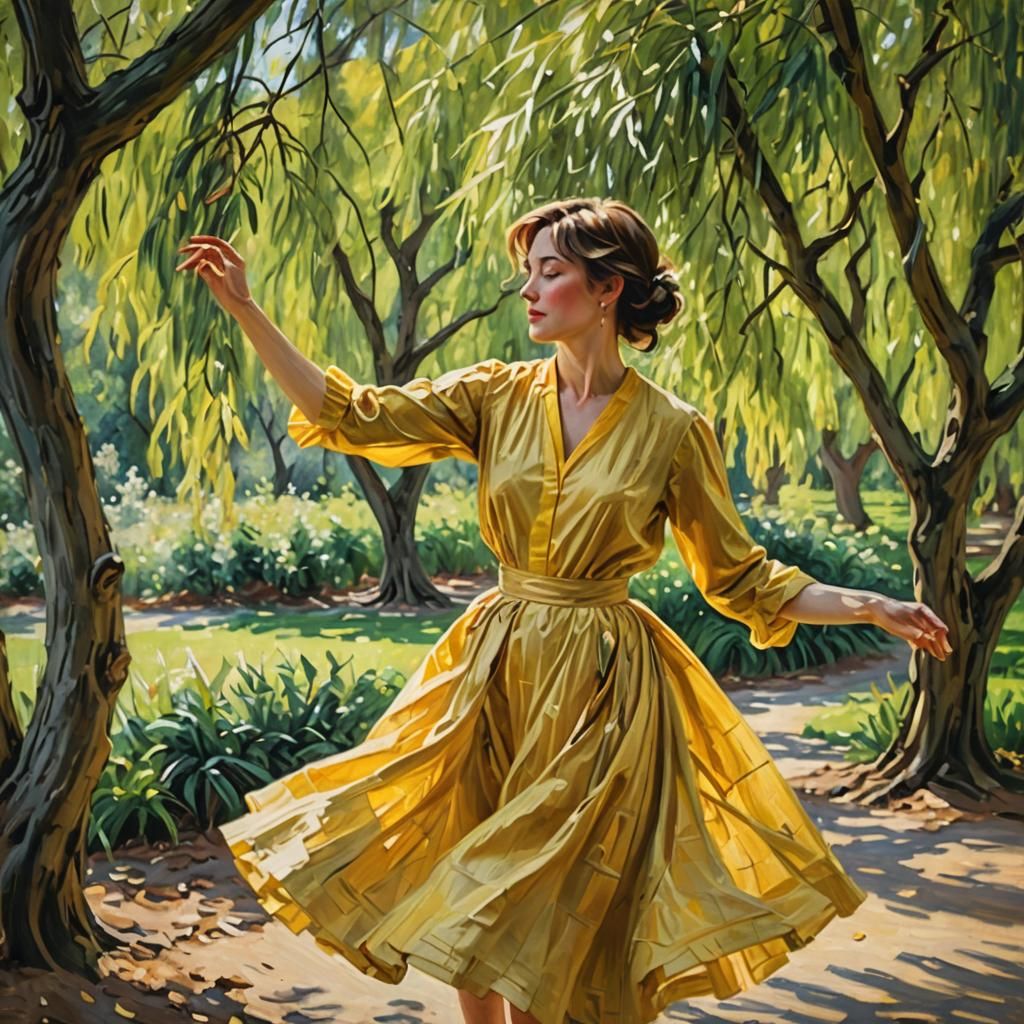 Woman wearing a yellow taffeta dress, dancing between willow...