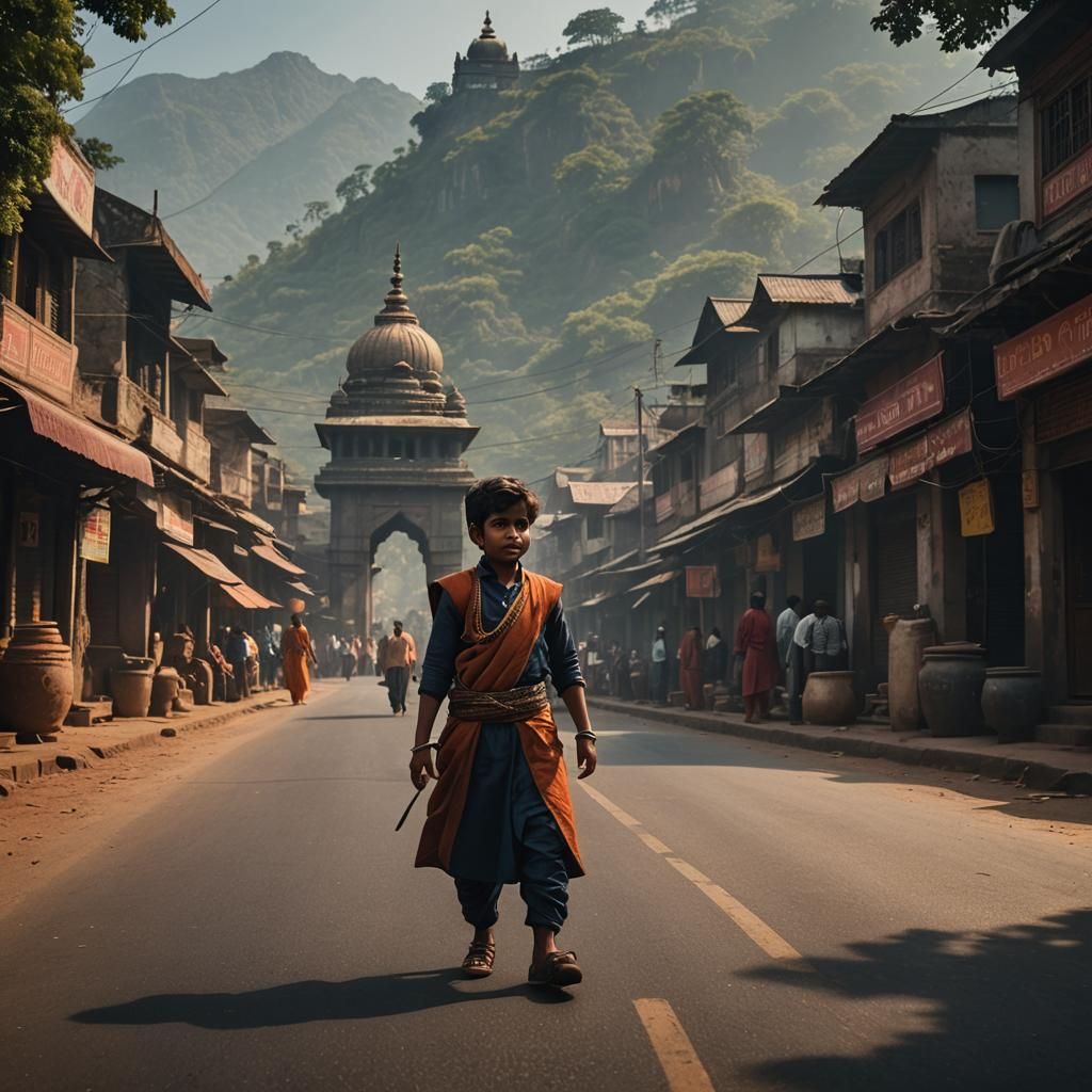 A little boy shivaji king and walking on road