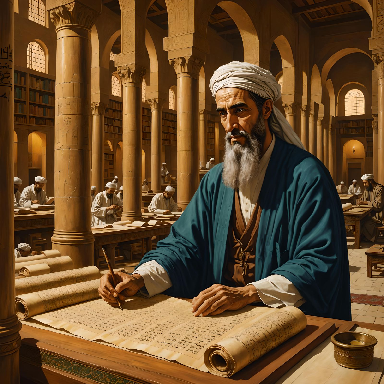Medieval Islamic scholar al-Khawarizmi in the Baghdad House of Wisdom