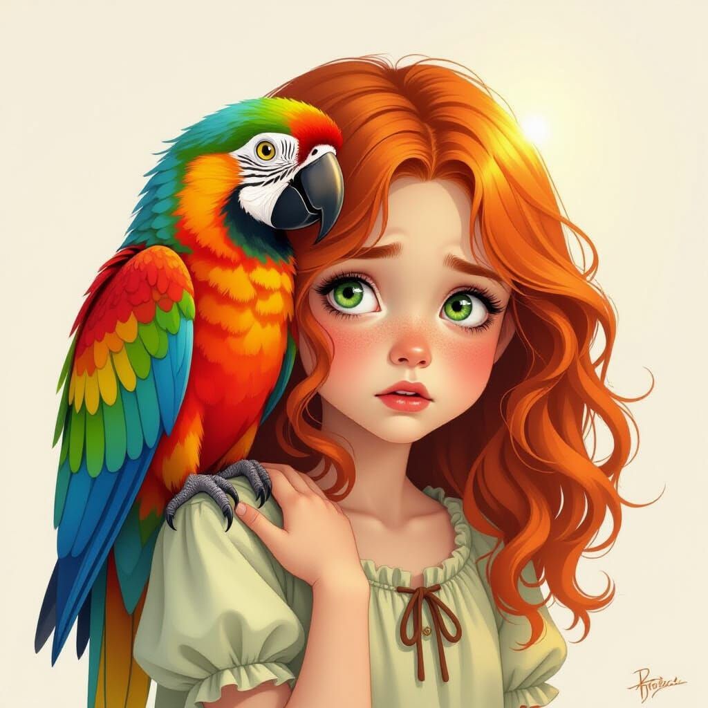Frightened Girl With Green Eyes Holds Parrot