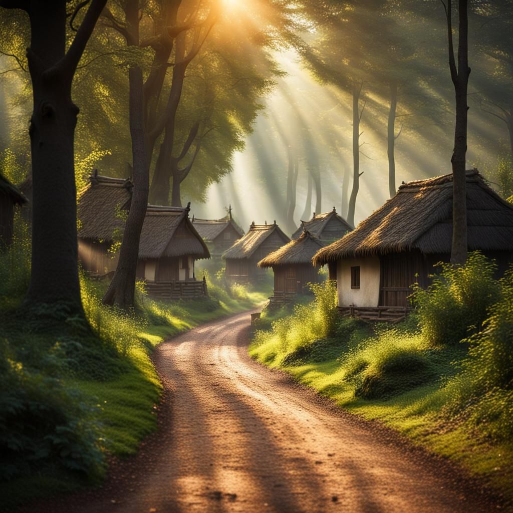 Enchanting village in forest with tall trees 2