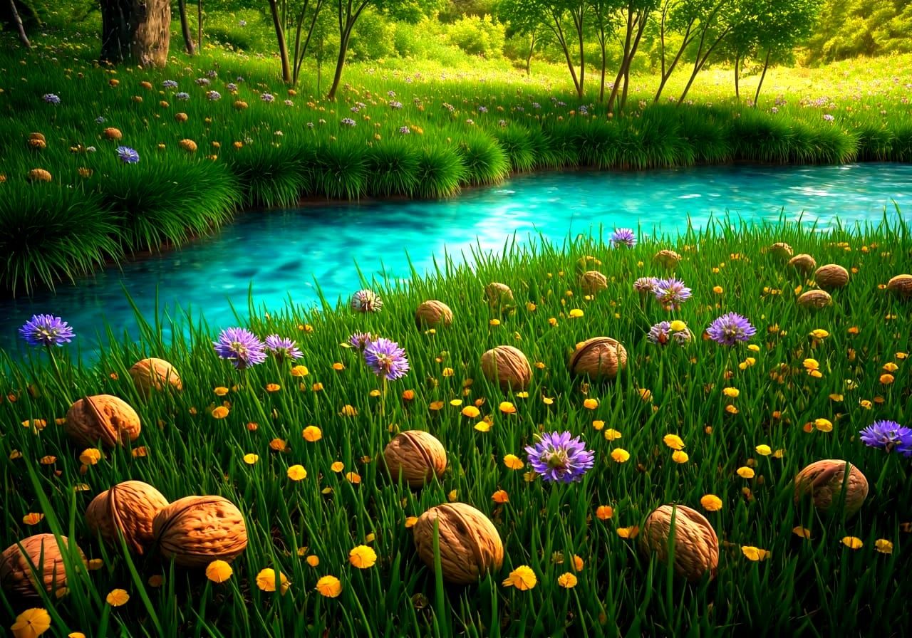 Hyperrealistic Walnut Garden with Turquoise Stream