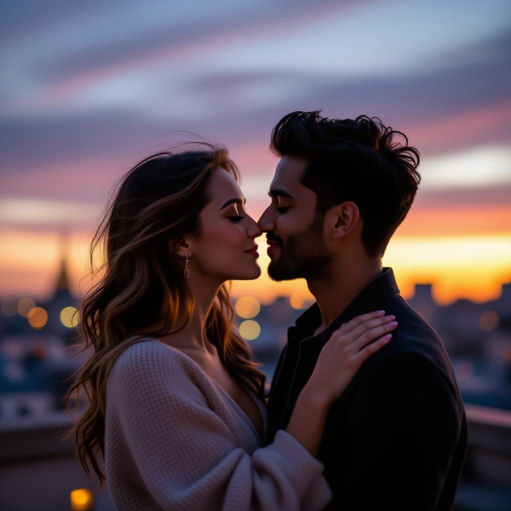 Romantic Parisian Rooftop Kiss at Dusk
