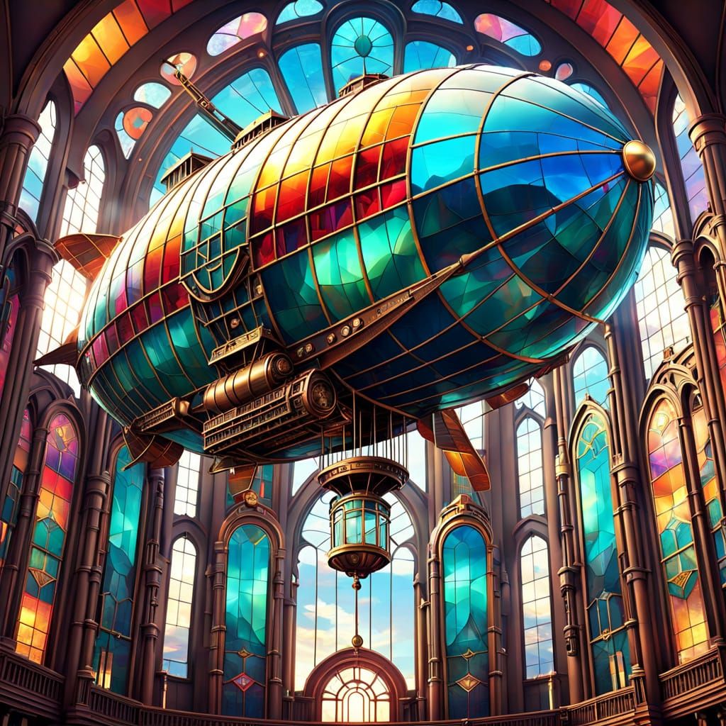 Epic Steampunk Dirigible in Vibrant Art Deco Stained Glass