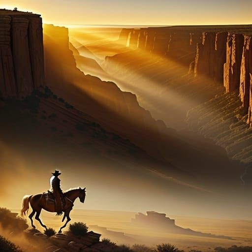 Cowboys Ride Horses at Cliff Edge During Golden Hour
