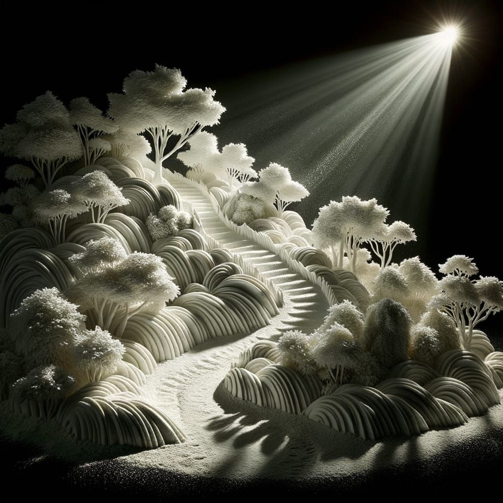 sun-dappled forest path, white flour sculpture