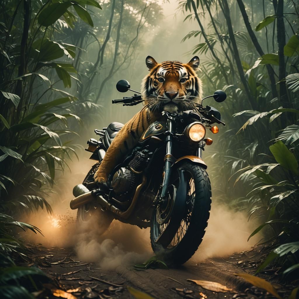 Tiger on Motorcycle in Misty Jungle