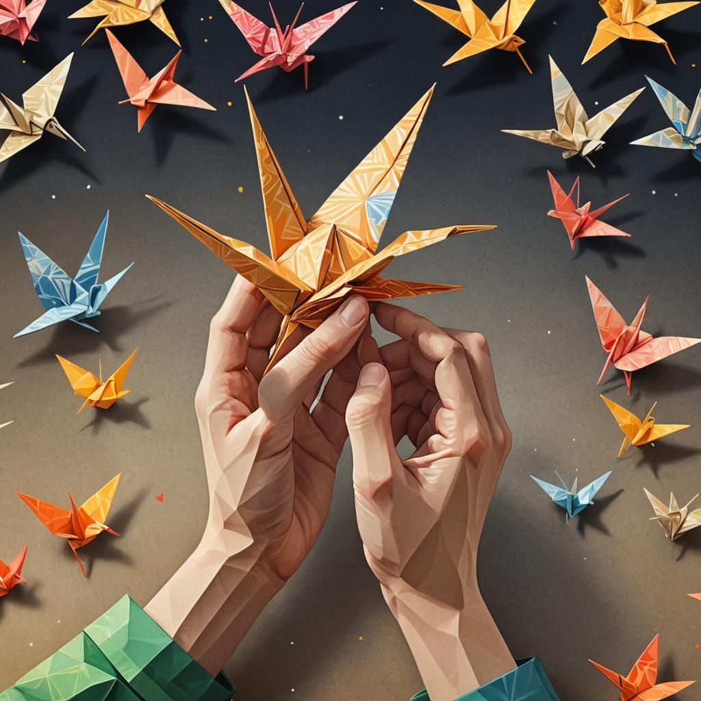 Origami Crane in Ukiyo-e Style Digital Painting
