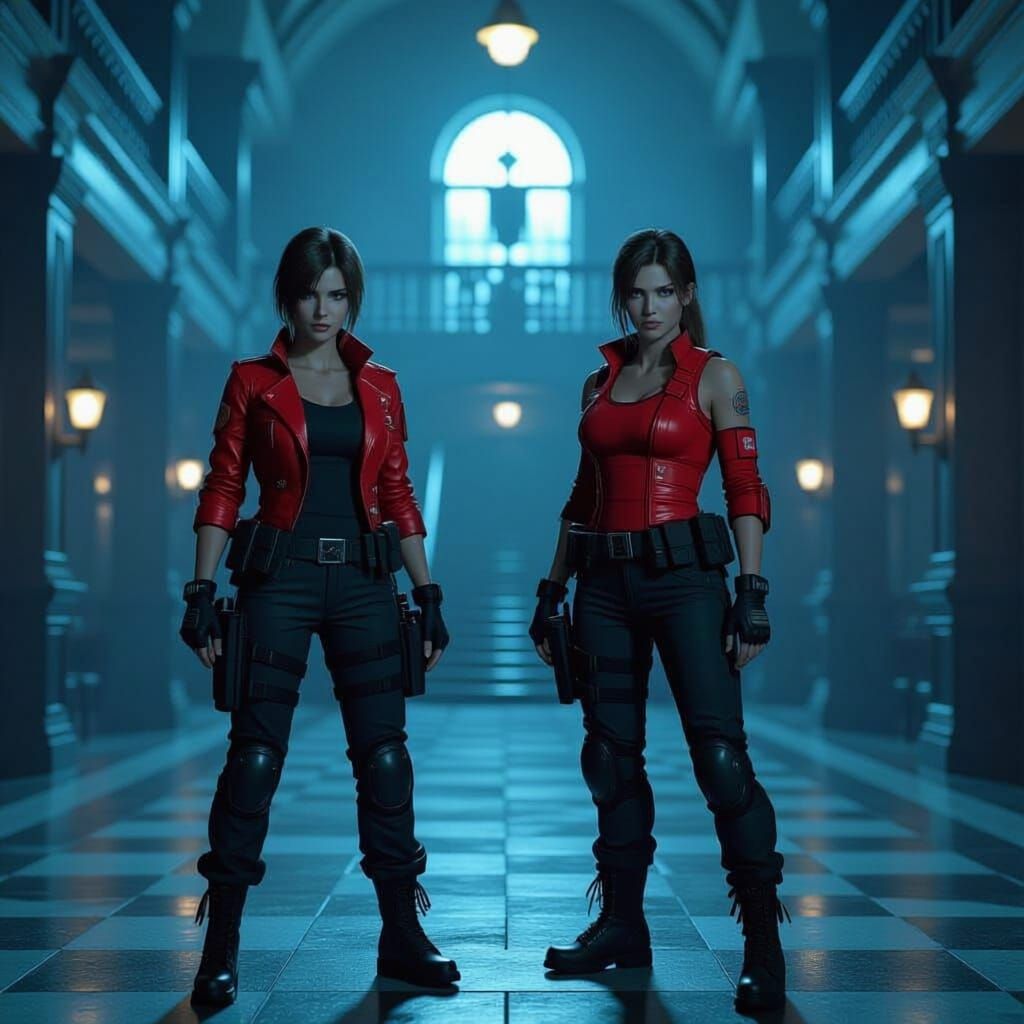 Claire Redfield as dressed in RE 2 and Jill Valentine as dressed in RE 3 in the RPD station