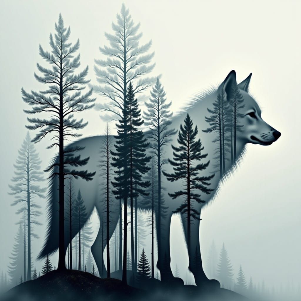  <lora:DoubleExposure:1.0> double exposure: a wolf silhouette with a forest inside