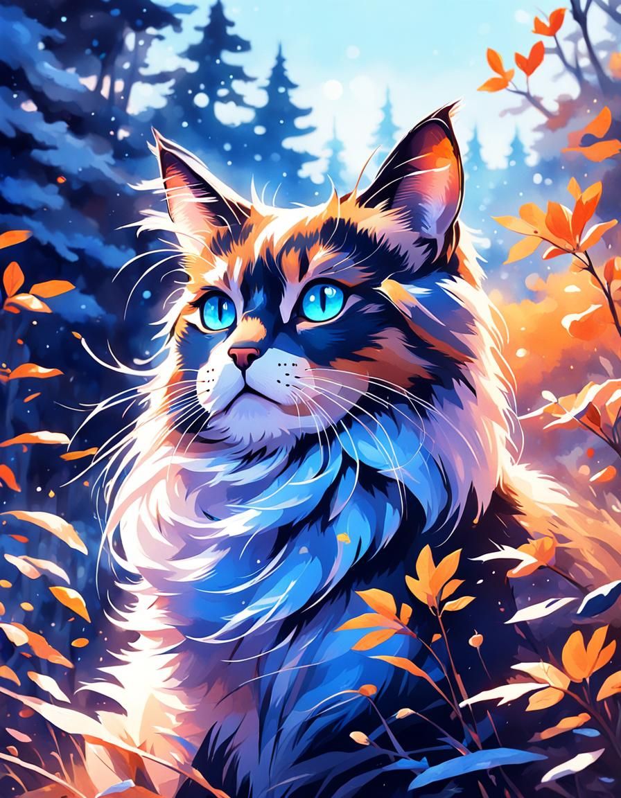 Calico Cat with Blue Eyes Watercolor Painting