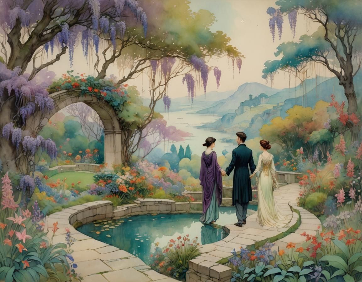 Fantasy Garden Scene in Watercolor Style