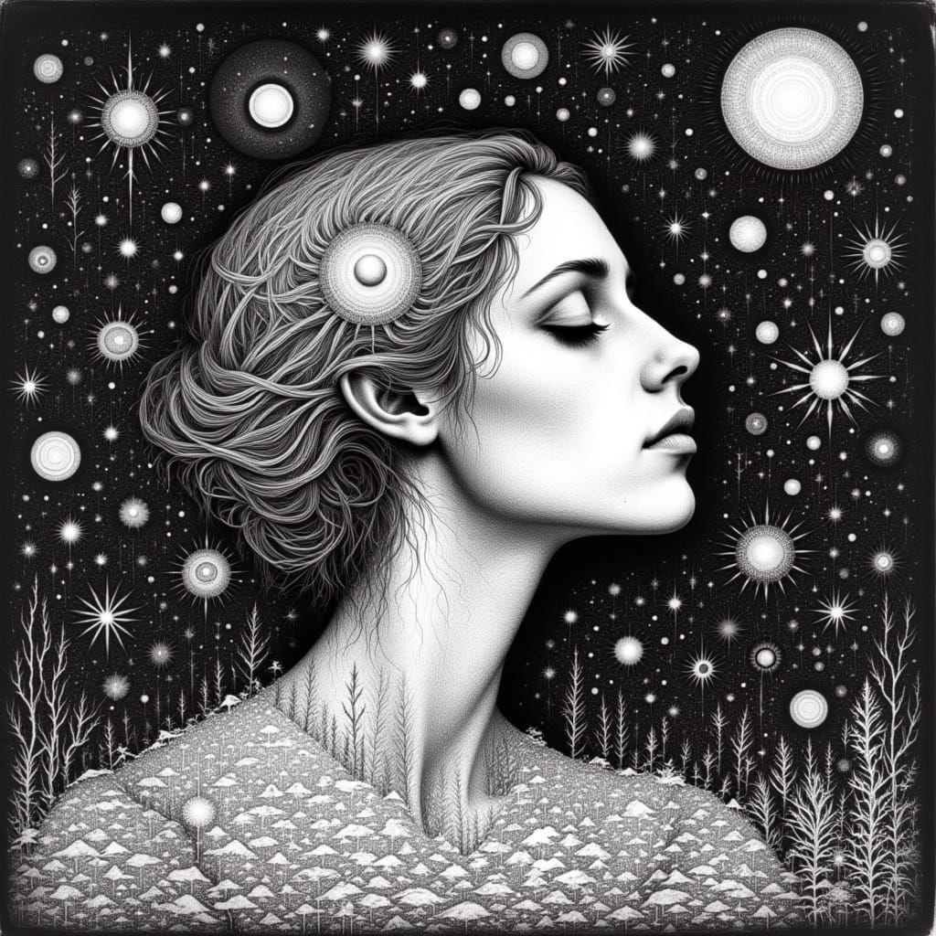 <lora:White And  Shadow:1.0> black and white, mystical and poetic dreamlike Paul Klee, surreal and celestial, etching & delicate aquatint te...