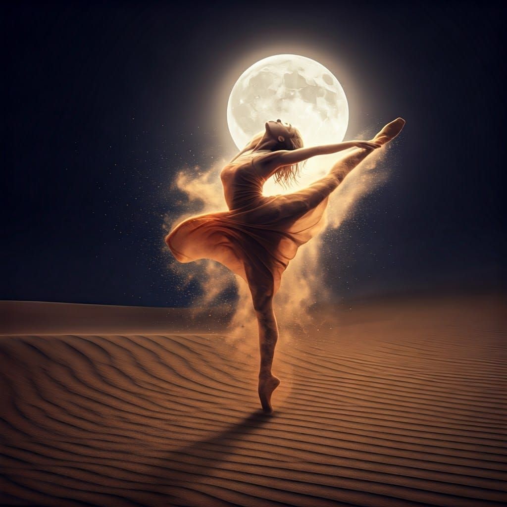 sand dust under the influence of wind creates a dancing female silhouette illuminated by the full moon, ...  by @Barabashka
