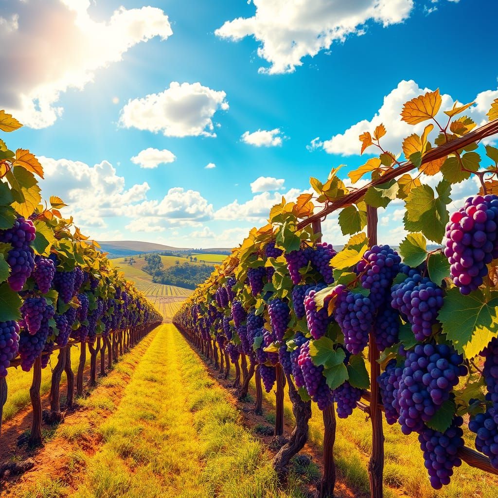 A colorful visage of rows and rows of grape vines at a winery. Using different shades of purple.  by @D1sk0nn3ct3d