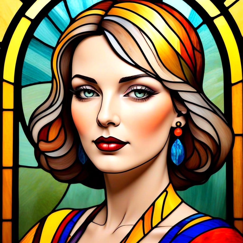 Art Deco Lady in Vibrant Stained Glass