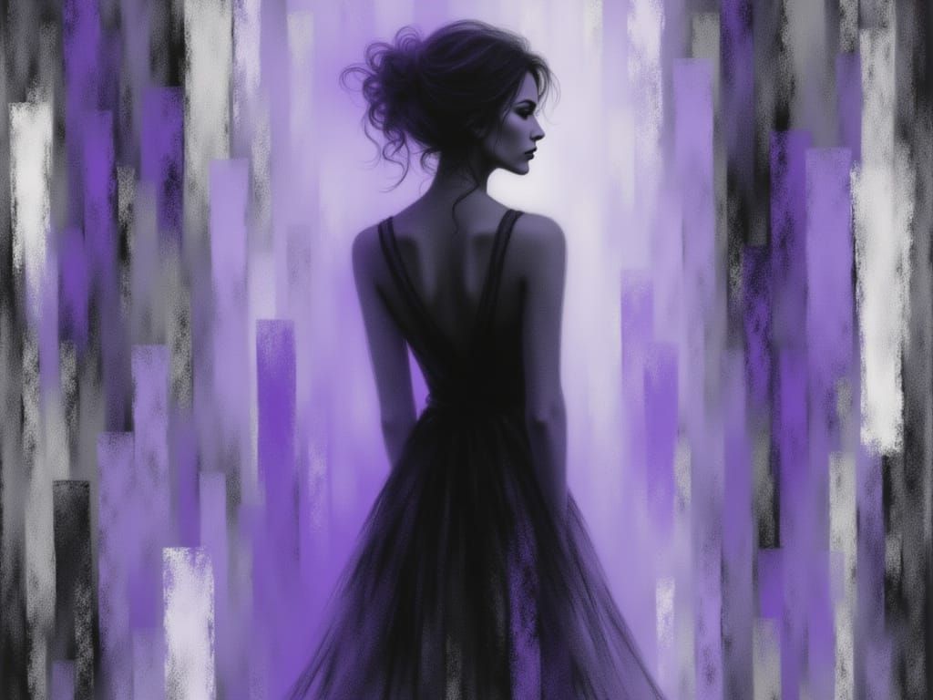 <lora:Messy chalk:1.0> female Half body length, messy chalk, fuzzy vertical lines, vivid purple, stark black and white shapes in background