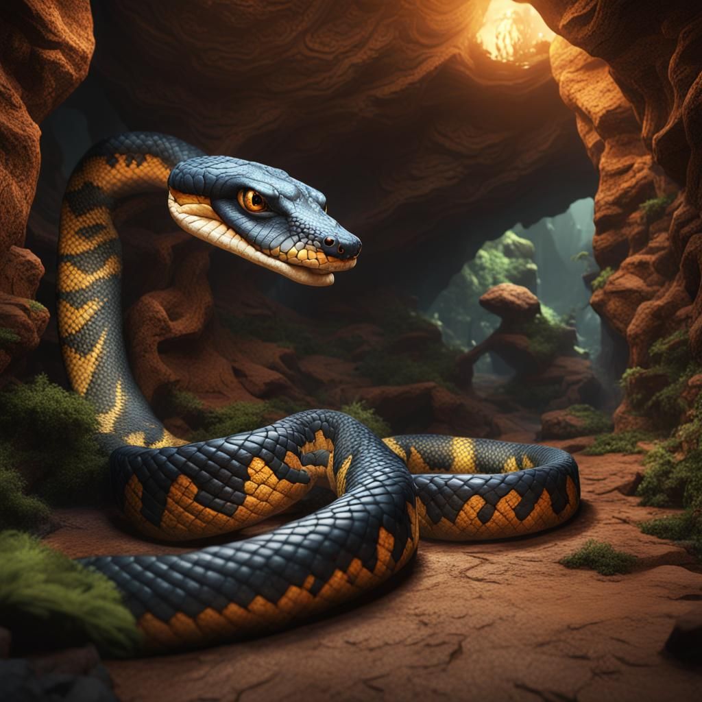 A jackal snake slithering through a cave