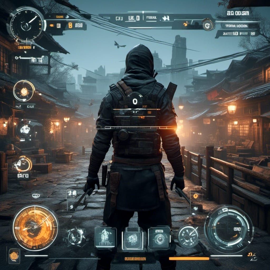 in-game Ninja style HUD, Masked Ninja Warriors, first person ninja style HUD. <lora:HUDs:1.0> 