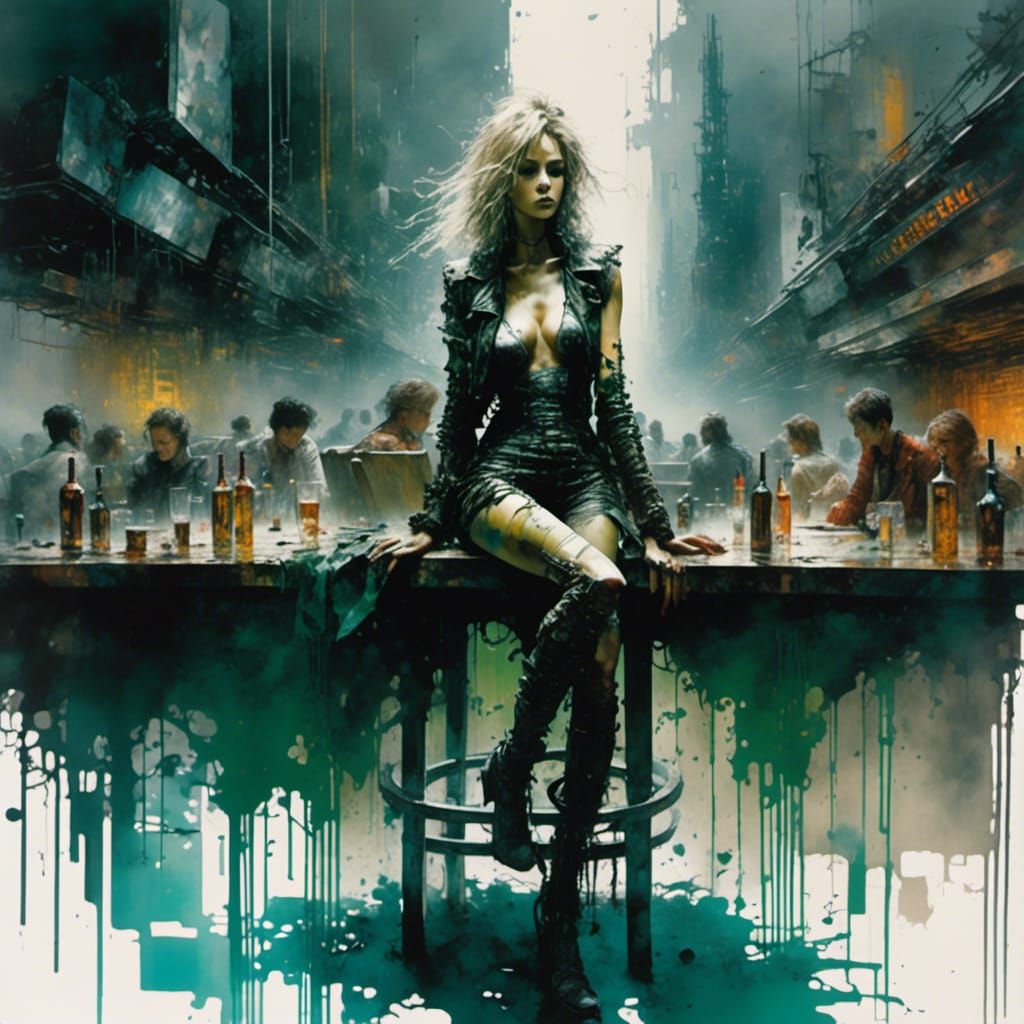 <lora:After Life:1.0> "8k; a stunning athletic kitsch anime girls standing at a bar; grimy liquid gouache; pen; water color painting by Kua...