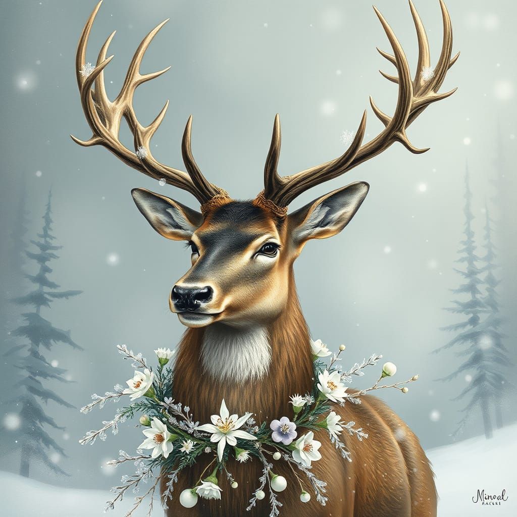Majestic Royal Stag in Whimsical Winter Wonderland