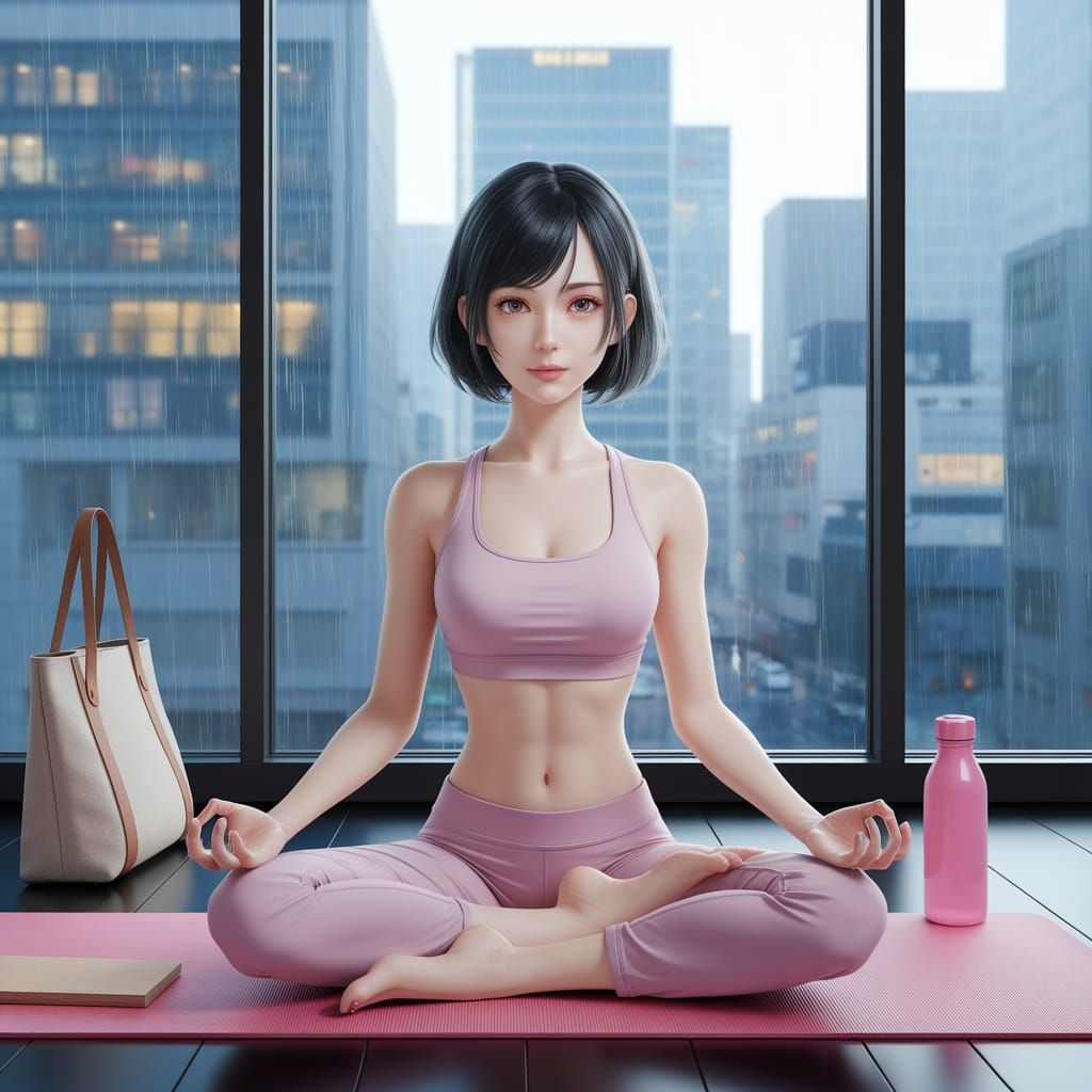 Japanese Woman in Lotus Position, Anime Style