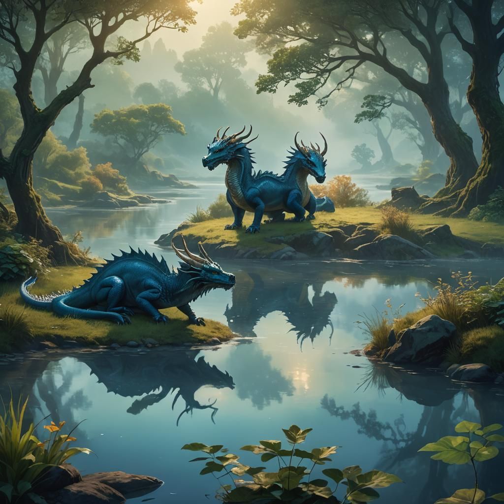 Dragon and Doe: Serene Fantasy Landscape in Deep Color