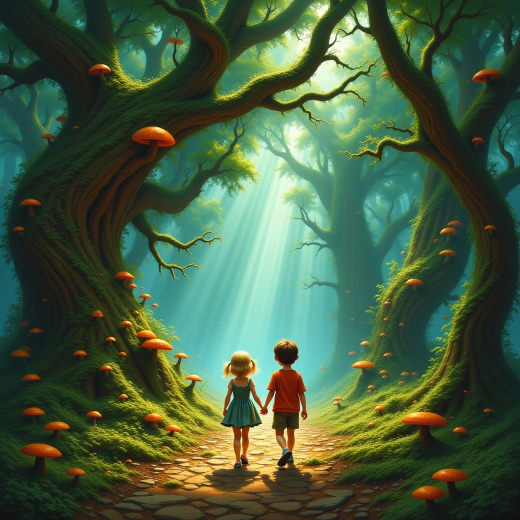 <lora:eye in the sky:1.0> A little girl and boy holding each other's hand are walking down a long narrow pathway Inside of a deep dense, anc...