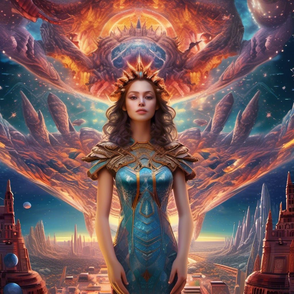 Deep color Citizen+galaxies stars+ double exposure+roaring fire breathing dragon+princess+flying spaceships intricate Fantasy planetary art,...