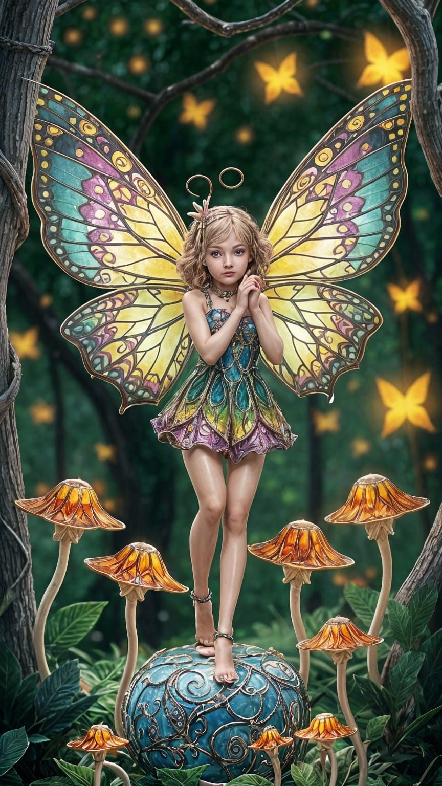 A colorful Fairy figurine from glass with enameled luminescent patterns on butterfly wings.