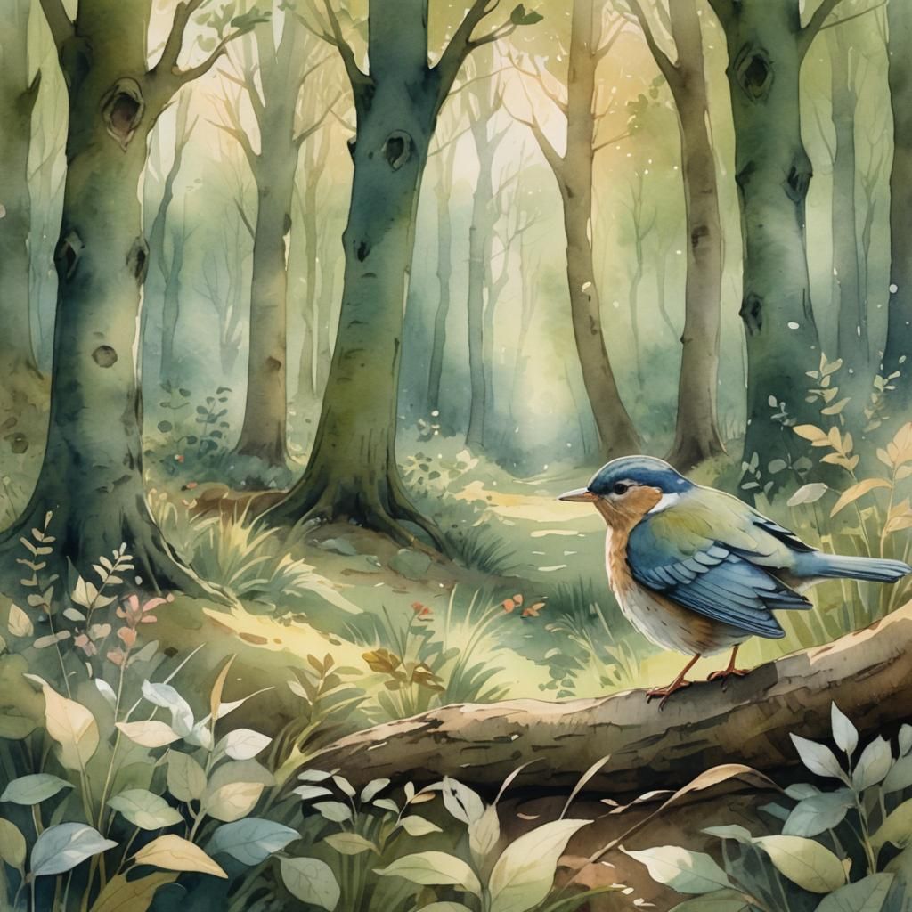 Whimsical illustration. Medium shot. A bird whispers to a pe...