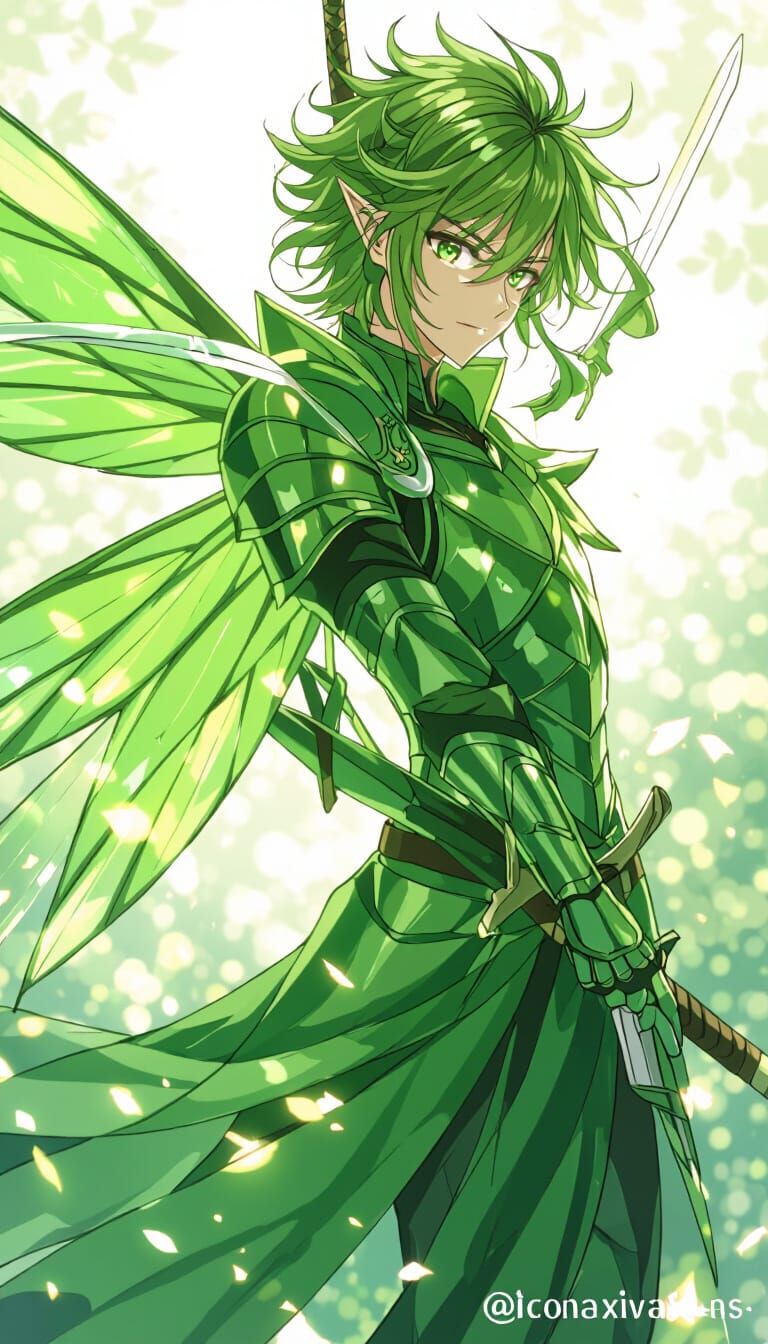 A sun-dappled forest clearing where a tall, green haired, green eyed fairy knight anime guy trains alongside his blank, featureless YCH squi... - Start Image 1