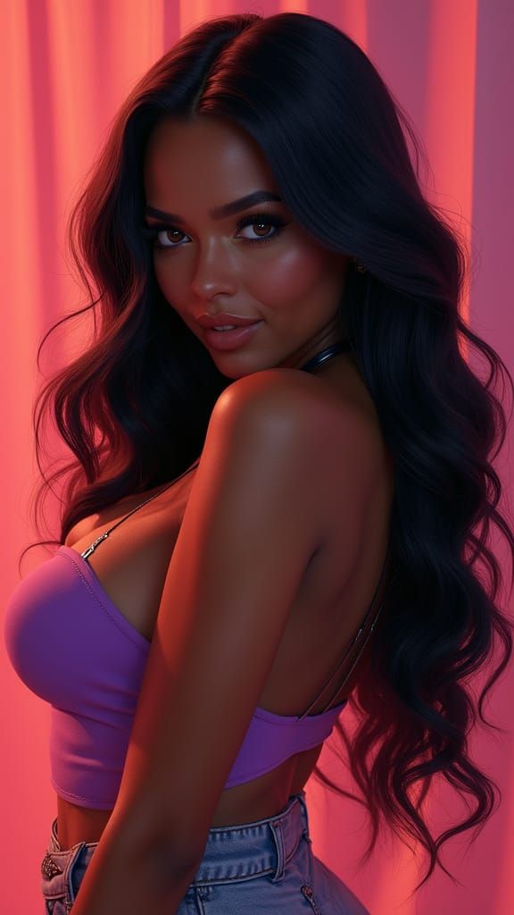 Pop Princess posing with back to camera, looking over her shoulder with a sink and smile, has dark brown skin, curvy body, long black hair, ...