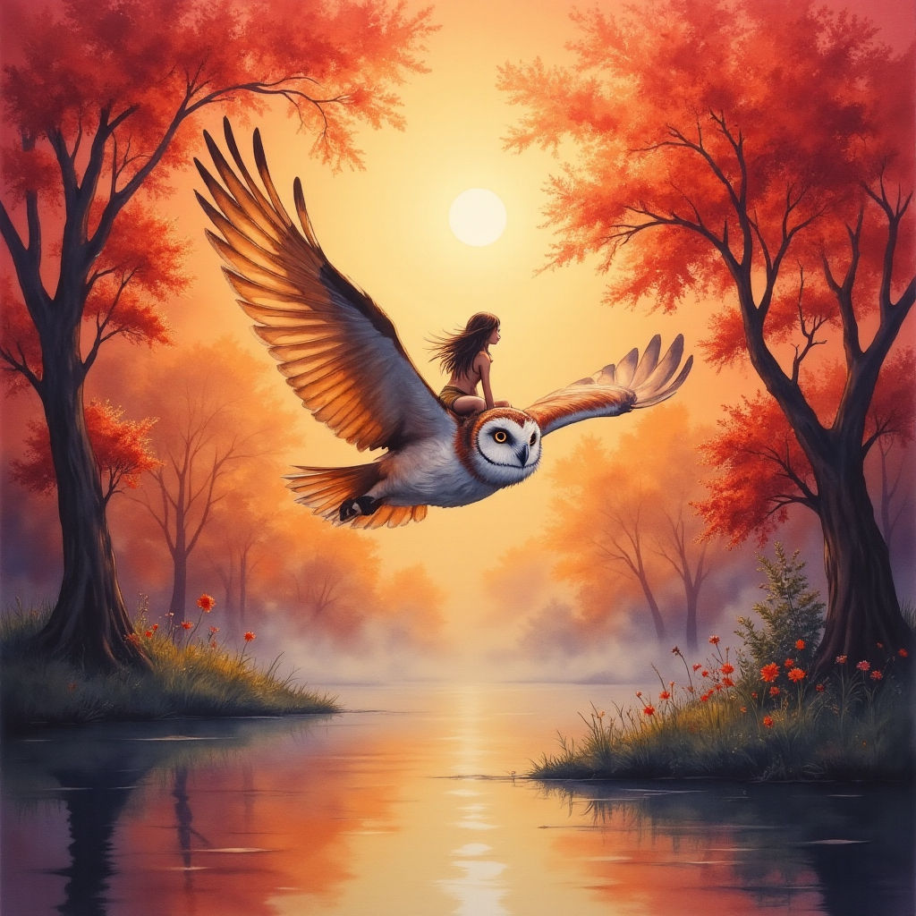 A Owl flying with a fairy